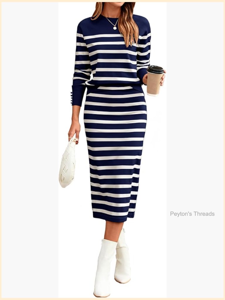 Women's 2 Piece Striped Knit Skirt Set Long Sleeve Lounge Travel Outfit